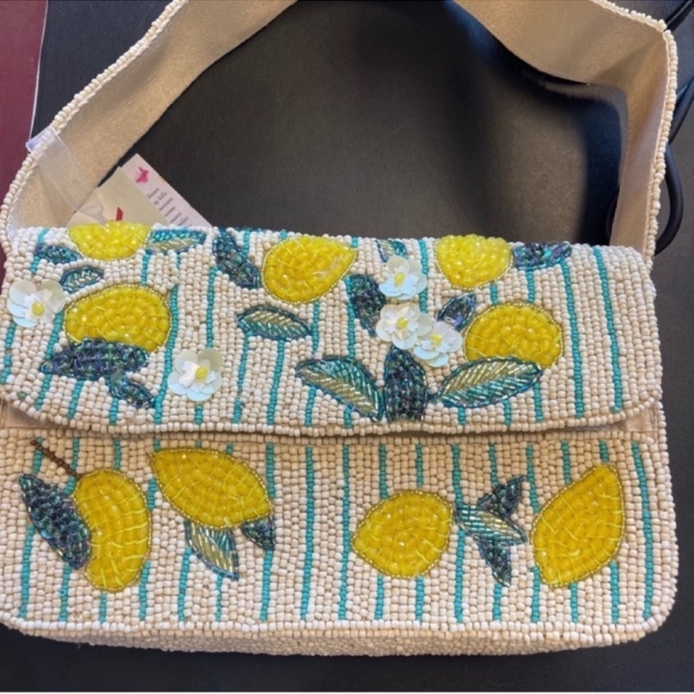 Beaded Lemon Embroidered Shoulder Bag - Yellow & Cream